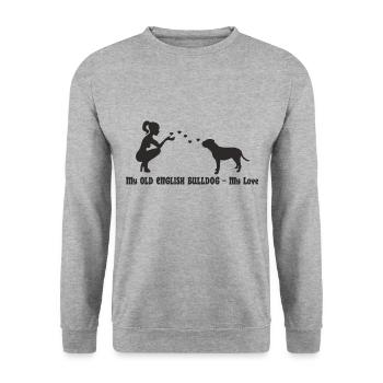 Old English Bulldog mit Frau - Unisex Pullover - Weißgrau meliert - Vorne - Alina (178cm) & Michal (187cm)