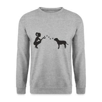 Old English Bulldog mit Frau - Unisex Pullover - Weißgrau meliert - Vorne - Alina (178cm) & Michal (187cm)