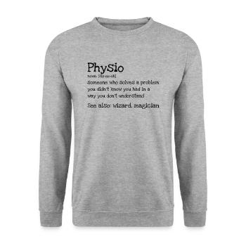 Physio Noun. Fiz-ee-oh - Unisex Pullover - Weißgrau meliert - Vorne - Alina (178cm) & Michal (187cm)