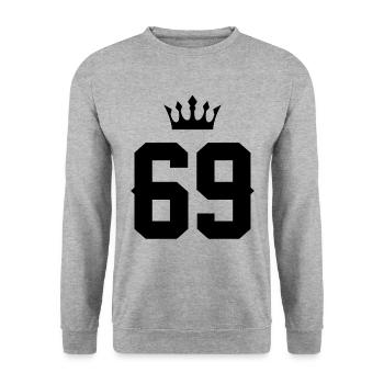 69 Zahl Krone - Unisex Pullover - Weißgrau meliert - Vorne - Alina (178cm) & Michal (187cm)