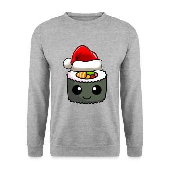 Sushi Weihnachten Comic Xmas - Unisex Pullover - Weißgrau meliert - Vorne - Alina (178cm) & Michal (187cm)