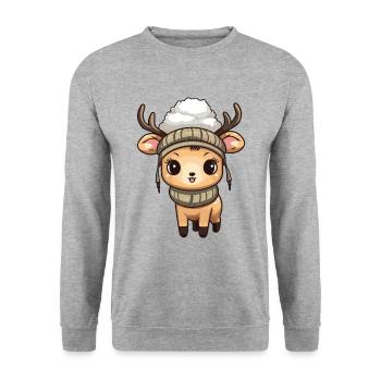 Reh Geweih Winter Comic - Unisex Pullover - Weißgrau meliert - Vorne - Alina (178cm) & Michal (187cm)