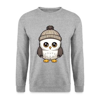 Eule Winter Comic Illustration - Unisex Pullover - Weißgrau meliert - Vorne - Alina (178cm) & Michal (187cm)