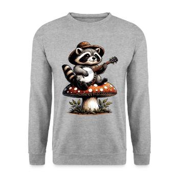Gemütlicher Cottagecore Waschbär spielt Banjo - Unisex Pullover - Weißgrau meliert - Vorne - Alina (178cm) & Michal (187cm)