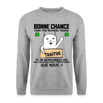 Collègue Cadeau Départ bonne chance humour chat - Sweat-shirt Unisexe - gris chiné - Devant - Alina (178cm) & Michal (187cm)