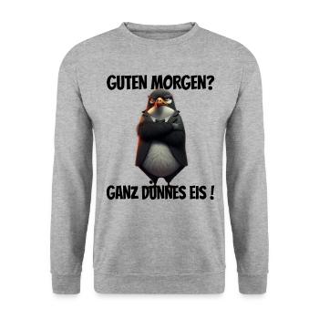 Guten Morgen? Ganz dünnes Eis! Lustiger Pinguin - Unisex Pullover - Weißgrau meliert - Vorne - Alina (178cm) & Michal (187cm)