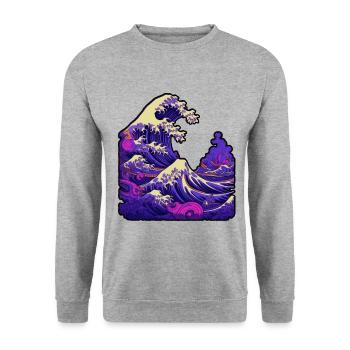 Tsunami-Welle japanische Kunst, niedrige Farbpalette - Unisex Pullover - Weißgrau meliert - Vorne - Alina (178cm) & Michal (187cm)
