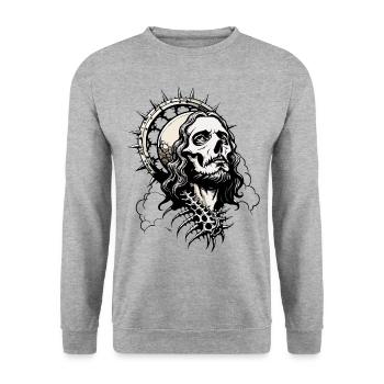 Jesus Skull // Totenkopf Christus / Kirche FS0120 - Unisex Pullover - Weißgrau meliert - Vorne - Alina (178cm) & Michal (187cm)