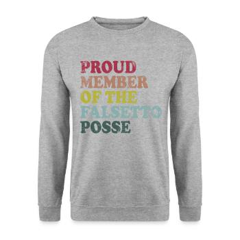Proud Member of the Falsetto Posse - retro dunkel - Unisex Pullover - Weißgrau meliert - Vorne - Alina (178cm) & Michal (187cm)