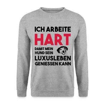 ICH ARBEITE HART FÜR MEINEN HUND Geschenk - Unisex Pullover - Weißgrau meliert - Vorne - Alina (178cm) & Michal (187cm)