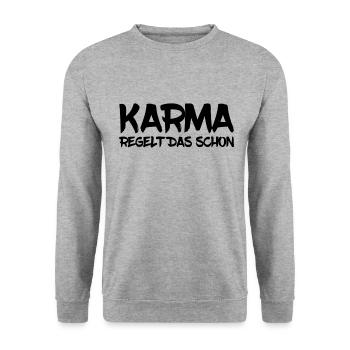 Karma regelt das schon - Unisex Pullover - Weißgrau meliert - Vorne - Alina (178cm) & Michal (187cm)