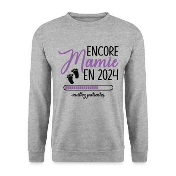 Encore Mamie 2024 Cadeau Future Grand Mère - Sweat-shirt Unisexe - gris chiné - Devant - Alina (178cm) & Michal (187cm)