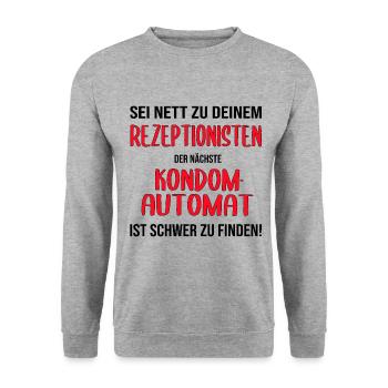 Rezeptionist Hotel Pension Kondome Geschenk lustig - Unisex Pullover - Weißgrau meliert - Vorne - Alina (178cm) & Michal (187cm)