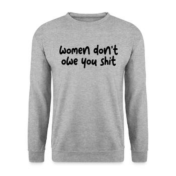 Frauen schulden dir nicht Schei�e Feministin schul - Unisex Pullover - Weißgrau meliert - Vorne - Alina (178cm) & Michal (187cm)
