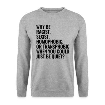 Warum rassistisch sexistisch homophob oder transph - Unisex Pullover - Weißgrau meliert - Vorne - Alina (178cm) & Michal (187cm)