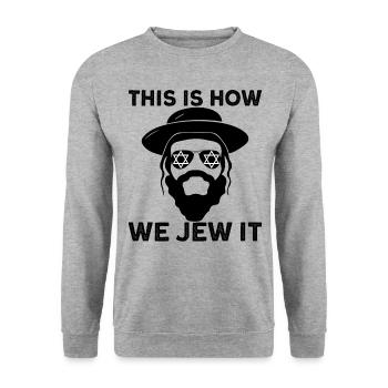 So j�d wir es Chanukah Hanukka j�disch - Unisex Pullover - Weißgrau meliert - Vorne - Alina (178cm) & Michal (187cm)