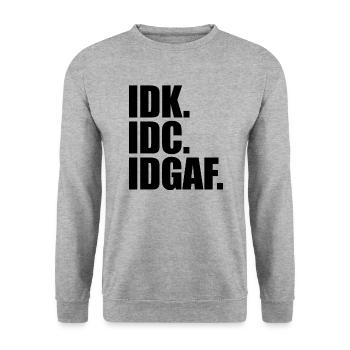 IDK IDC IDGAF Lustiger introvertierter Anti -Socia - Unisex Pullover - Weißgrau meliert - Vorne - Alina (178cm) & Michal (187cm)