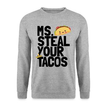Frau stiehlt deine Tacos lustige M�dchen Taco Lieb - Unisex Pullover - Weißgrau meliert - Vorne - Alina (178cm) & Michal (187cm)