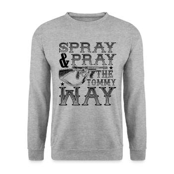 Spr�hen und beten Sie die Tommy Way Funny Gun Tomm - Unisex Pullover - Weißgrau meliert - Vorne - Alina (178cm) & Michal (187cm)