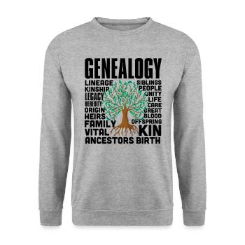 Genealogie-Wortwolke, Familienvorfahren, Genealoge - Unisex Pullover - Weißgrau meliert - Vorne - Alina (178cm) & Michal (187cm)