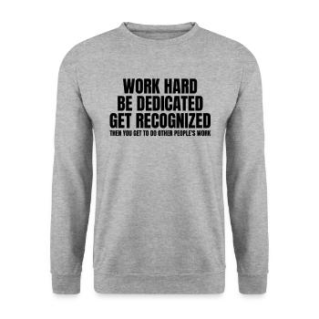 Arbeite hart, Job-Humor, lustig, fleißig, zusätzli - Unisex Pullover - Weißgrau meliert - Vorne - Alina (178cm) & Michal (187cm)