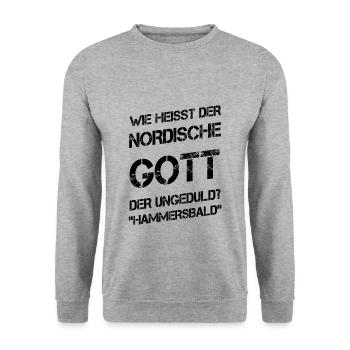 Nordische Gott der Ungeduld - Hammersbald - Unisex Pullover - Weißgrau meliert - Vorne - Alina (178cm) & Michal (187cm)