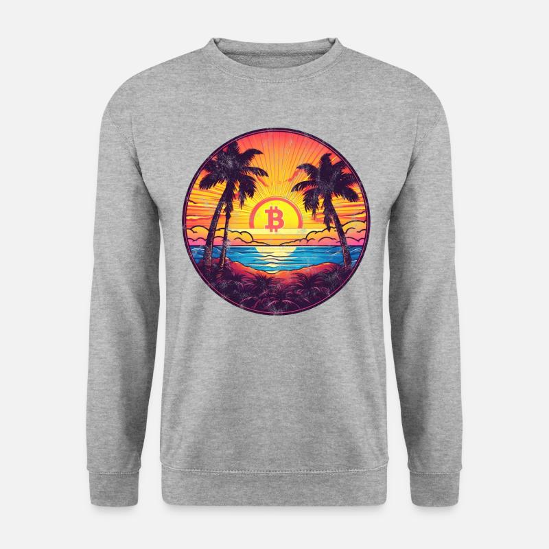 Bitcoin Logo, Symbol, Sonnenaufgang, Sonne, Meer - Unisex Pullover - Weißgrau meliert