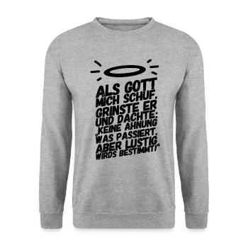 Lustige Sprüche Gott Mich Schuf II - Unisex Pullover - Weißgrau meliert - Vorne - Alina (178cm) & Michal (187cm)