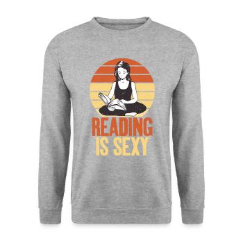 Lesen Ist Sexy Motivationstext Für Bücherwurm Von - Unisex Pullover - Weißgrau meliert - Vorne - Alina (178cm) & Michal (187cm)