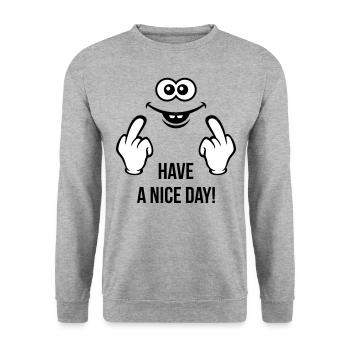 Smiling Face – Have A Nice Day! (Stinkefinger) - Unisex Pullover - Weißgrau meliert - Vorne - Alina (178cm) & Michal (187cm)