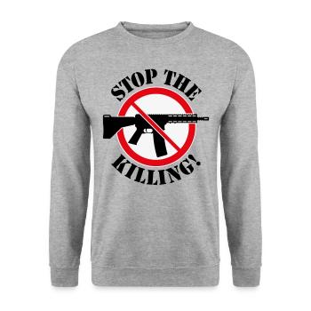 Stop The Killing! (Waffenverbot Verbotsschild 3C) - Unisex Pullover - Weißgrau meliert - Vorne - Alina (178cm) & Michal (187cm)