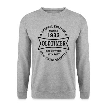 Oldtimer 90. Geburtstag Jahrgang 1933 Geschenkidee - Unisex Pullover - Weißgrau meliert - Vorne - Alina (178cm) & Michal (187cm)