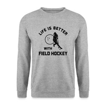 Leben ist besser mit Feldhockey Spruch Geschenk - Unisex Pullover - Weißgrau meliert - Vorne - Alina (178cm) & Michal (187cm)