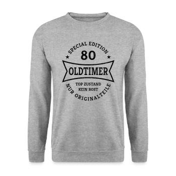 Oldtimer 80. Geburtstag Jahrgang 1943 Geschenkidee - Unisex Pullover - Weißgrau meliert - Vorne - Alina (178cm) & Michal (187cm)