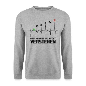 1N23456 Motorrad Gangschaltung - Adrenalin - Puls - Unisex Pullover - Weißgrau meliert - Vorne - Alina (178cm) & Michal (187cm)