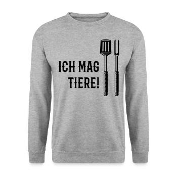 Ich Mag Tiere! (Grillbesteck / Black) - Unisex Pullover - Weißgrau meliert - Vorne - Alina (178cm) & Michal (187cm)