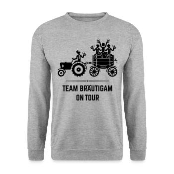 Team Bräutigam On Tour (Trecker Bierfass JGA / B) - Unisex Pullover - Weißgrau meliert - Vorne - Alina (178cm) & Michal (187cm)