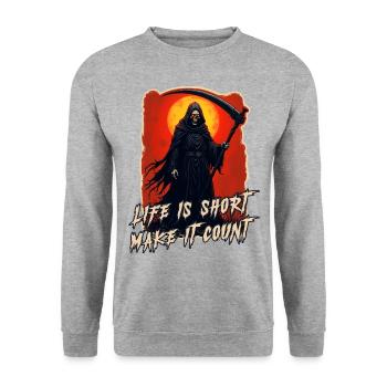 Faucheuse gothique - Mort | Life is Short, Skull - Sweat-shirt Unisexe - gris chiné - Devant - Alina (178cm) & Michal (187cm)