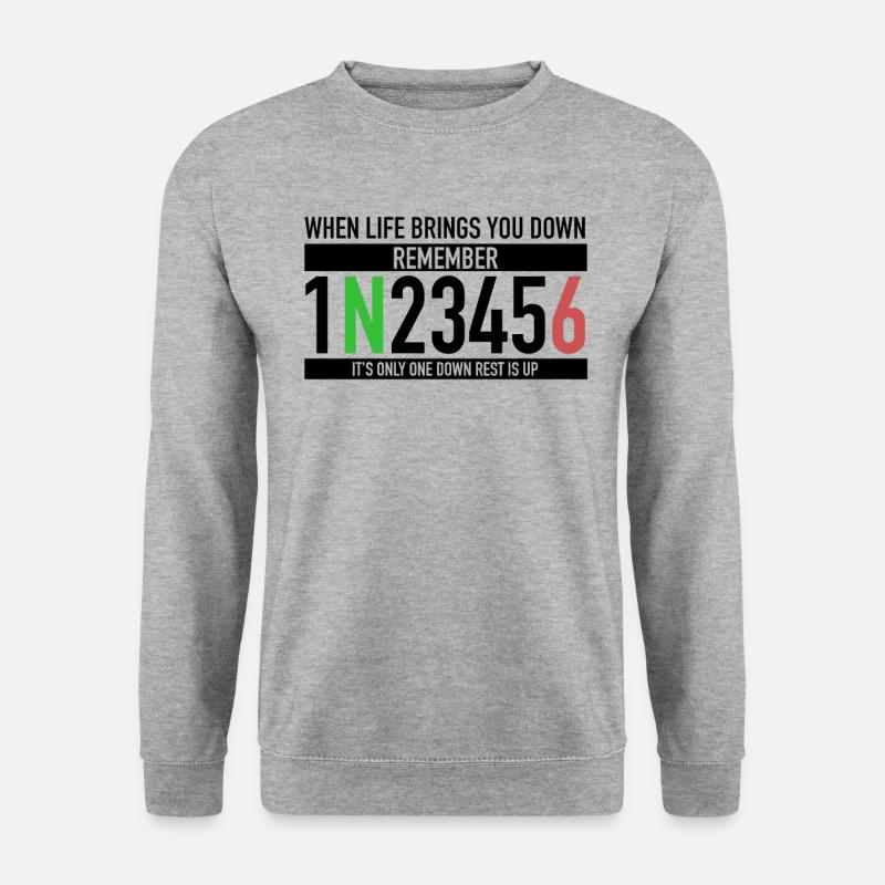1N23456 Motorradschaltung One Down Rest Is Up - Unisex Pullover - Weißgrau meliert