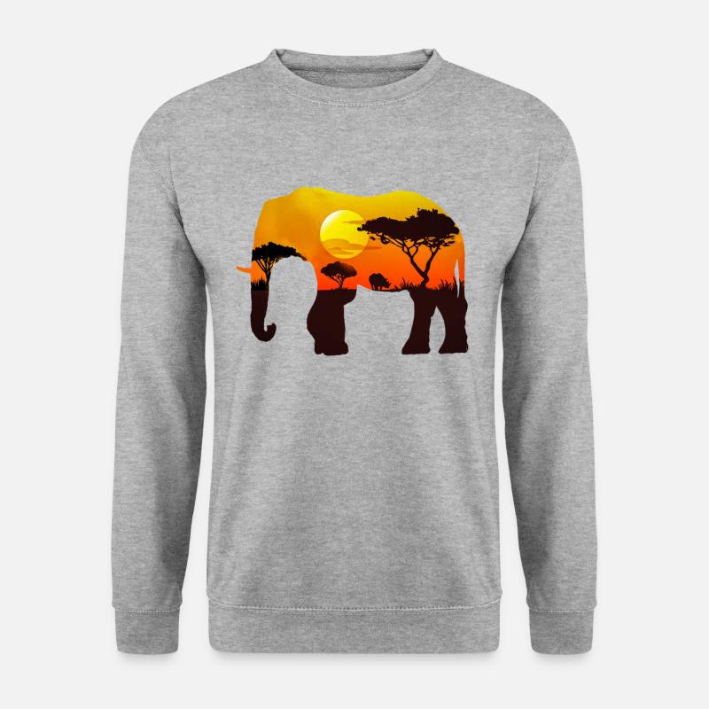 Elefant | Afrika | Sonnenuntergang | Steppe | Baum - Unisex Pullover - Weißgrau meliert