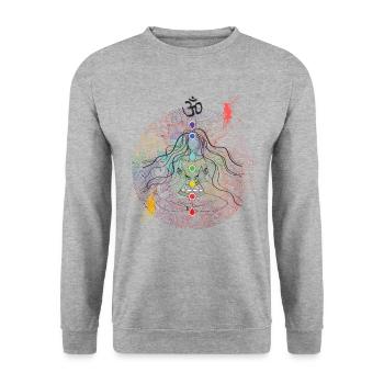 Meditation Buddhismus psychedelisch Om Rave Goa - Unisex Pullover - Weißgrau meliert - Vorne - Alina (178cm) & Michal (187cm)
