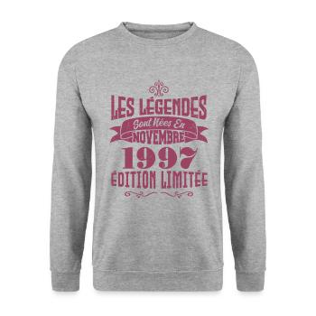 Les légendes sont nées en novembre 1997 - Sweat-shirt Unisexe - gris chiné - Devant - Alina (178cm) & Michal (187cm)