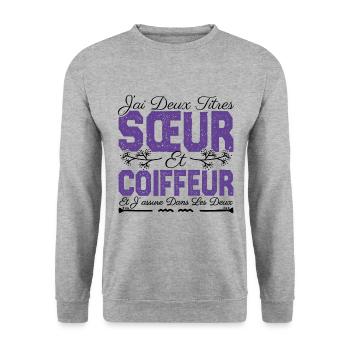 J'ai deux titres Sœur et coiffeuse Cadeau soeur. - Sweat-shirt Unisexe - gris chiné - Devant - Alina (178cm) & Michal (187cm)