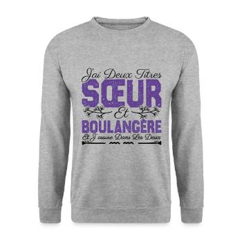 J'ai deux titres Sœur et Boulangère. Cadeau soeur. - Sweat-shirt Unisexe - gris chiné - Devant - Alina (178cm) & Michal (187cm)