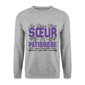 J'ai deux titres Sœur et Pâtissière. Cadeau soeur. - Sweat-shirt Unisexe - gris chiné - Devant - Alina (178cm) & Michal (187cm)
