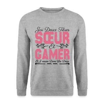 J'ai deux titres Sœur et Gamer. Cadeau soeur . - Sweat-shirt Unisexe - gris chiné - Devant - Alina (178cm) & Michal (187cm)