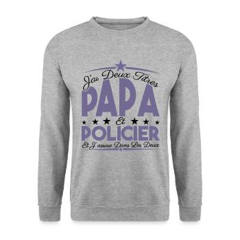 J'ai deux titres Papa et Policier, Cadeau Papa. - Sweat-shirt Unisexe - gris chiné - Devant - Alina (178cm) & Michal (187cm)