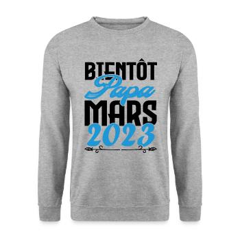 Cadeau Annonce grossesse. bientôt Papa Mars 2023. - Sweat-shirt Unisexe - gris chiné - Devant - Alina (178cm) & Michal (187cm)