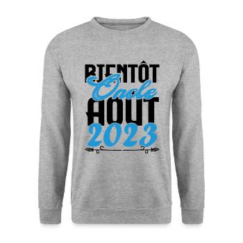 Cadeau Annonce grossesse. bientôt Oncle Aout 2023. - Sweat-shirt Unisexe - gris chiné - Devant - Alina (178cm) & Michal (187cm)