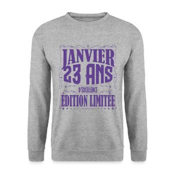 Janvier 23 ans. Cadeau 23 ans janvier anniversaire - Sweat-shirt Unisexe - gris chiné - Devant - Alina (178cm) & Michal (187cm)